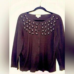 Ann Taylor Loft Women’s Black Button Sweater/cardigan has beading, 3/4 sleeves L